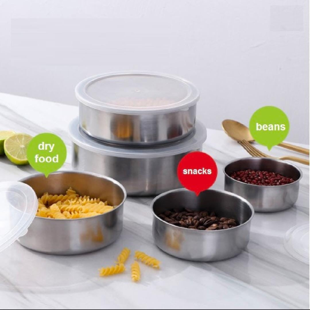 5pc Set Stainless Steel Bowl With Lid Kitchen Refrigerator Food Storage Mixing Bowls Sealed