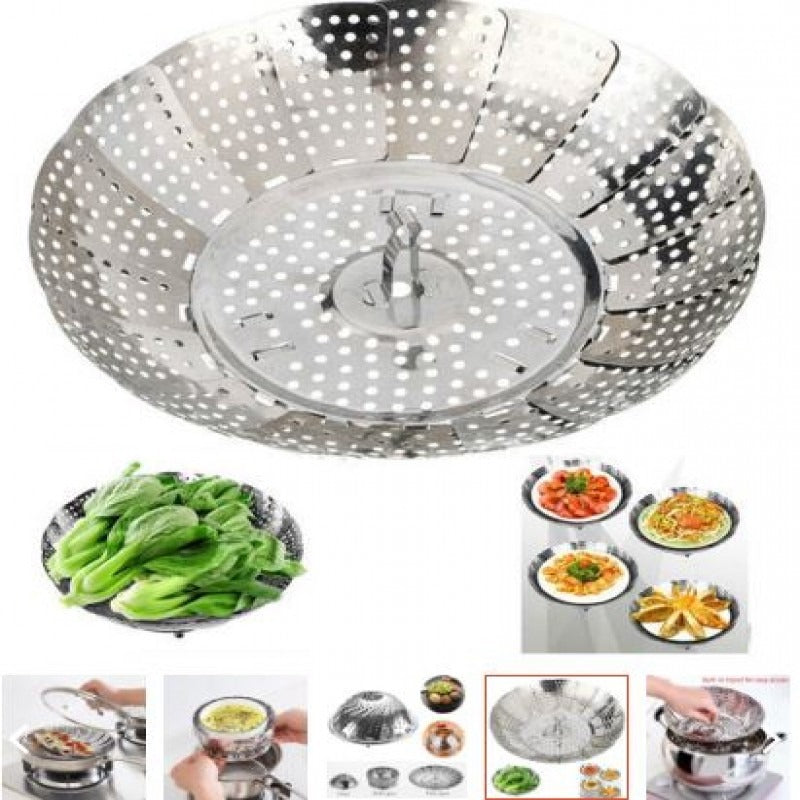 Multifunctional Stainless Cooking Steamer Foldable Kitchen Steamer Plate Anti-Scald Steamer Basket Deep Fryer Pot Strainer
