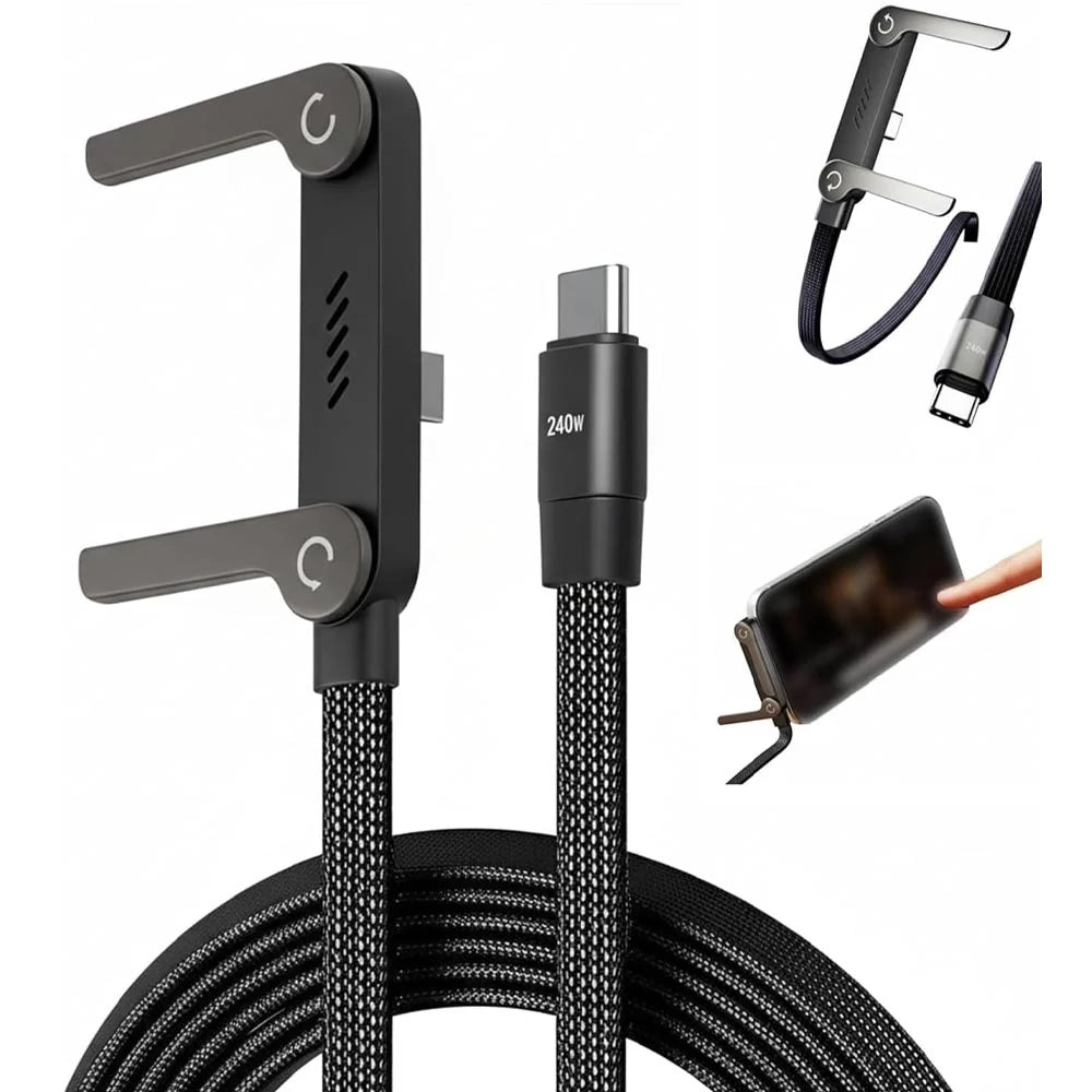 240W 2-In-1 Data Cable With Stand | 1.5 Meter C To C USB Data Cable | Fast Charging Nylon Braided Mobile Cable